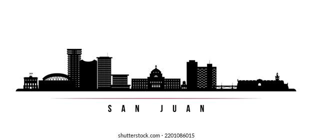 Pancarta horizontal en el horizonte de San Juan. Silueta blanca y negra de San Juan, Puerto Rico. Plantilla de vectores para su diseño. 