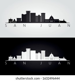 San Juan skyline and landmarks silhouette, black and white design, vector illustration.  