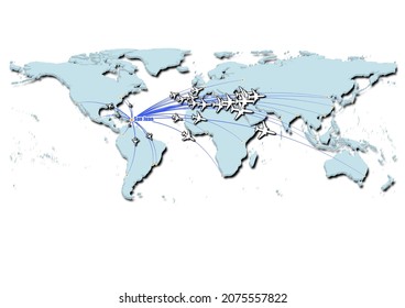 San Juan-Puerto Rico in concept vector illustration, map showing flights from San Juan-Puerto Rico to major cities around the world.