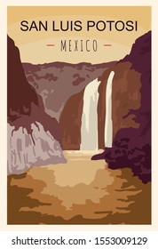 San Luis Potosi retro poster. Travel illustration. States of Mexico greeting card. 