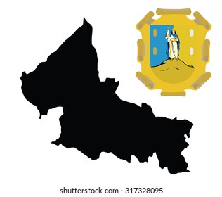 San Luis Potosi vector map silhouette and coat of arms, emblem, national symbol isolated on white background. High detailed silhouette illustration. Mexico state province.