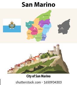 San Marino administrative divisions vector map. Illustration of the fortress of Guaita on Mount Titano