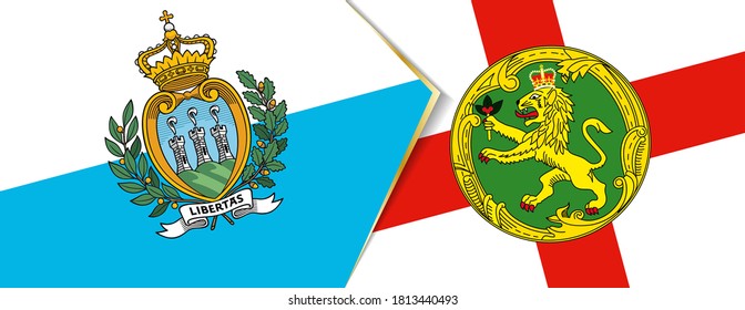 San Marino and Alderney flags, two vector flags symbol of relationship or confrontation.