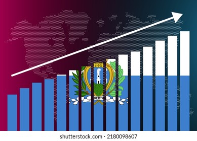 San Marino bar chart graph, increasing values, country statistics concept, San Marino country flag on bar graph, upward rising arrow on data, news banner idea