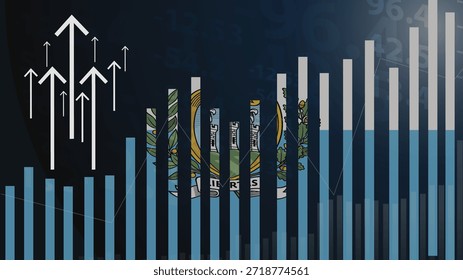 San Marino gráfico de barras con altibajos, valores crecientes, bandera de país de San Marino en gráfico de barras, flecha ascendente hacia arriba en los datos, idea de Anuncio de noticias, concepto de país en desarrollo