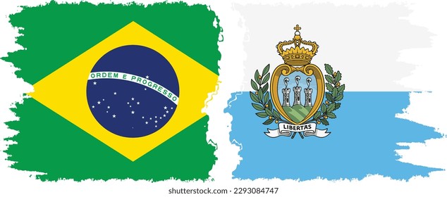 San Marino and Brazil grunge flags connection, vector