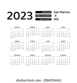 San Marino Calendar 2023. Week starts from Monday. Vector graphic design. Italian language.