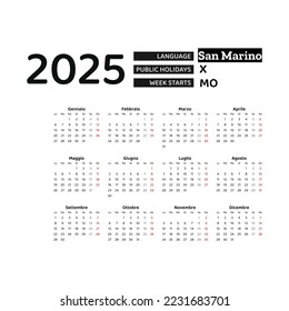 San Marino Calendar 2025. Week starts from Monday. Vector graphic design. Italian language.