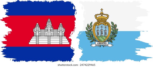 San Marino and Cambodia grunge flags connection, vector