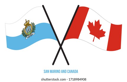 San Marino and Canada Flags Crossed And Waving Flat Style. Official Proportion. Correct Colors.