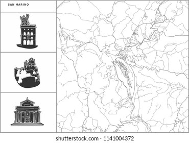 San Marino city map with hand-drawn architecture icons. All drawigns, map and background separated for easy color change. Easy repositioning in vector version.