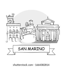 San Marino Cityscape Vector Sign. Line Art Illustration with Ribbon and Title.