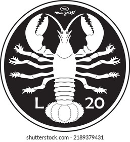 san marino coin 20 cent with lobster handmade silhouette