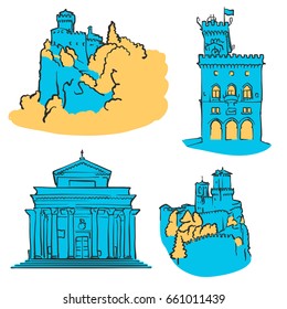 San Marino Colored Landmarks, Scalable Vector Monuments. Filled with Blue Shape and Yellow Highlights. 
