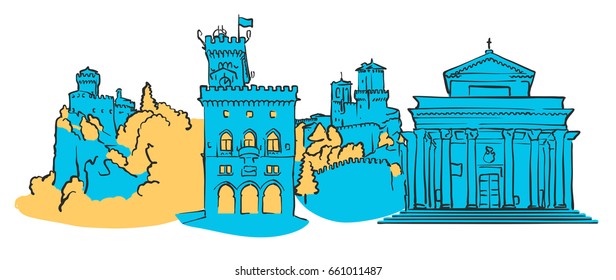 San Marino Colored Panorama, Filled with Blue Shape and Yellow Highlights. Scalable Urban Cityscape Vector Illustration 