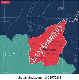 San Marino country detailed editable map with regions cities and towns, roads and railways, geographic sites. Vector EPS-10 file