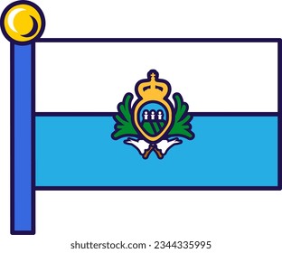 San Marino country flag on flagpole for registration of solemn event, meeting foreign guests. San Marino official flag on pole of participating states. Simple vector isolated on white background