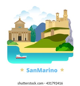 San Marino country magnet design template. Flat cartoon style historic sight showplace web site vector illustration. World vacation travel Europe European collection. Basilica di San Marino Guaita.