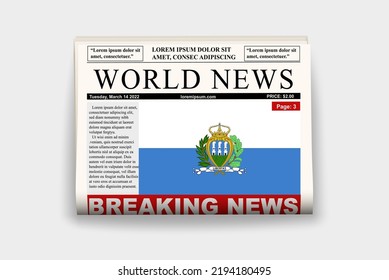 San Marino country newspaper with flag, breaking news on newsletter, San Marino news concept, gazette page with headline, journal with country flag, reading newspaper, streamer headline