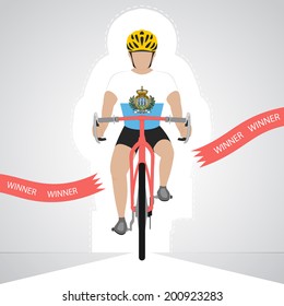 San Marino cyclist in front view crossing red finish line vector isolated illustration