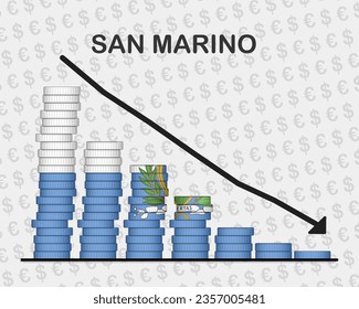 San Marino economic collapse, decreasing values with coins, crisis and downgrade concept, San Marino flag with changes, falling arrow, news banner idea, fail and decrease, financial decline