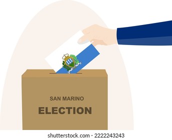 San Marino election and vote concept, political selection, man hand and ballot box, democracy and human rights idea, election day, vector asset with San Marino flag