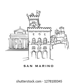 San Marino famous architecture. Outlined vector sketch separated on white background. Architecture drawings of all European capitals.