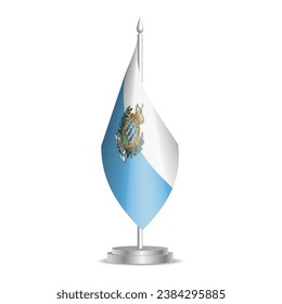 San Marino flag - 3D mini flag hanging on desktop flagpole. Usable for summit or conference presentaiton. Vector illustration with shading.