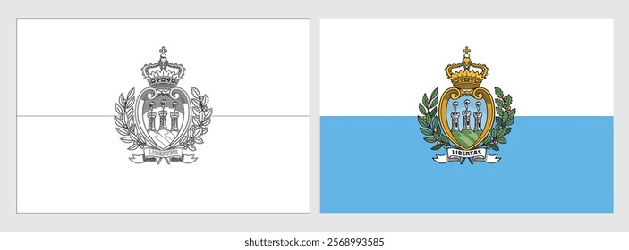 San Marino flag - coloring page. Set of white wireframe thin black outline flag and original colored flag.