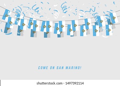 San Marino flag with confetti on white background, Hang bunting for San Marino celebration template banner.
