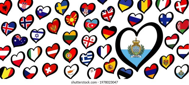 San Marino flag and different countries flags with heart flags logo. For Europe, eurovision music song festival, contest. Music songs for vision dreams. Vector euro TV icon pattern. 