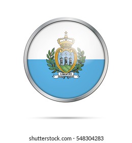 San Marino flag glass button style with metal frame vector.