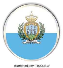 San Marino Flag. Glossy button with glare in bright round frame.