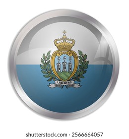 San Marino flag - glossy circle button displays a colorful flag representing a country cultural identity and heritage. The essence of national pride and unity.