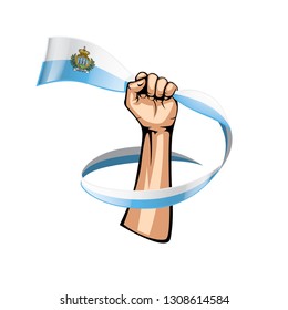 San Marino flag and hand on white background. Vector illustration