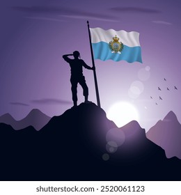 San Marino Flag hoisted on a mountain peak with a purplish sunset in the background, vector illustration