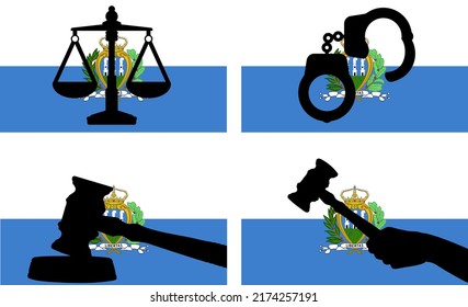 San Marino flag with justice vector silhouette, judge gavel hammer and scales of justice and handcuff silhouette on country flag, San Marino law concept, design asset, freedom idea