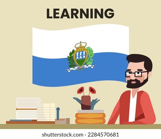 San Marino flag with a male teacher, learning or teaching San Marino language, bearded man with glasses and country flag vector design, language school concept