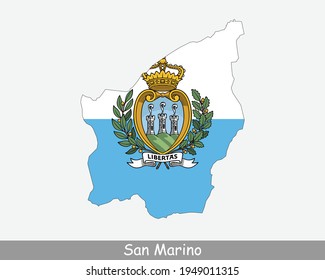 San Marino Flag Map. Map of the Republic of San Marino with the Sammarinese national flag isolated on a white background. Vector Illustration.