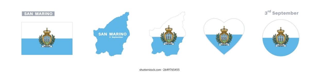 san marino flag and map set. san marino flag in official colors and proportions. independence day 3 september , map, circle and heart shaped san marino