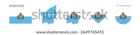 san marino flag and map set. san marino flag in official colors and proportions. independence day 3 september , map, circle and heart shaped san marino