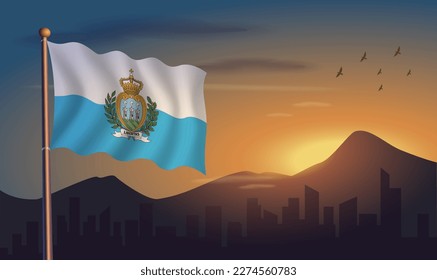 San Marino flag with mountains and morning sun in the background