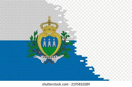 San Marino flag on broken brick wall. Empty flag field of another country. Country comparison. Easy editing and vector in groups.