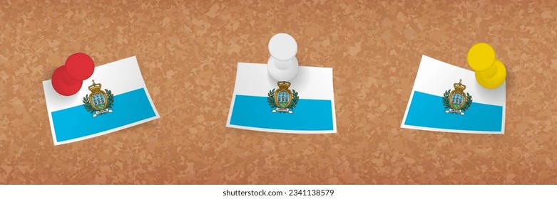 San Marino flag pinned in cork board, three versions of San Marino flag. Vector pushpins and flag set.