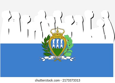 San Marino flag with raised protest hands vector, country flag logo, San Marino protesting concept, flat design, against idea