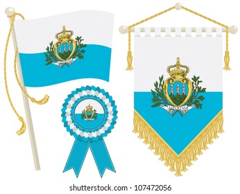 san marino flag, rosette and pennant, isolated on white