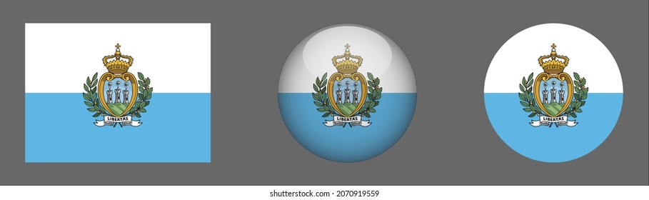San Marino flag set collection, button rounded, flat rounded.