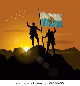 San Marino flag, silhouette of two climbers holding flags at sunset