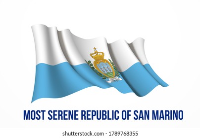 San Marino flag state symbol isolated on background national banner. Greeting card National Independence Day of the Republic of San Marino. Illustration banner with realistic state flag.