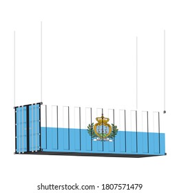 San Marino flag symbol on cargo containers hang by chain, the concept import and export business of country.